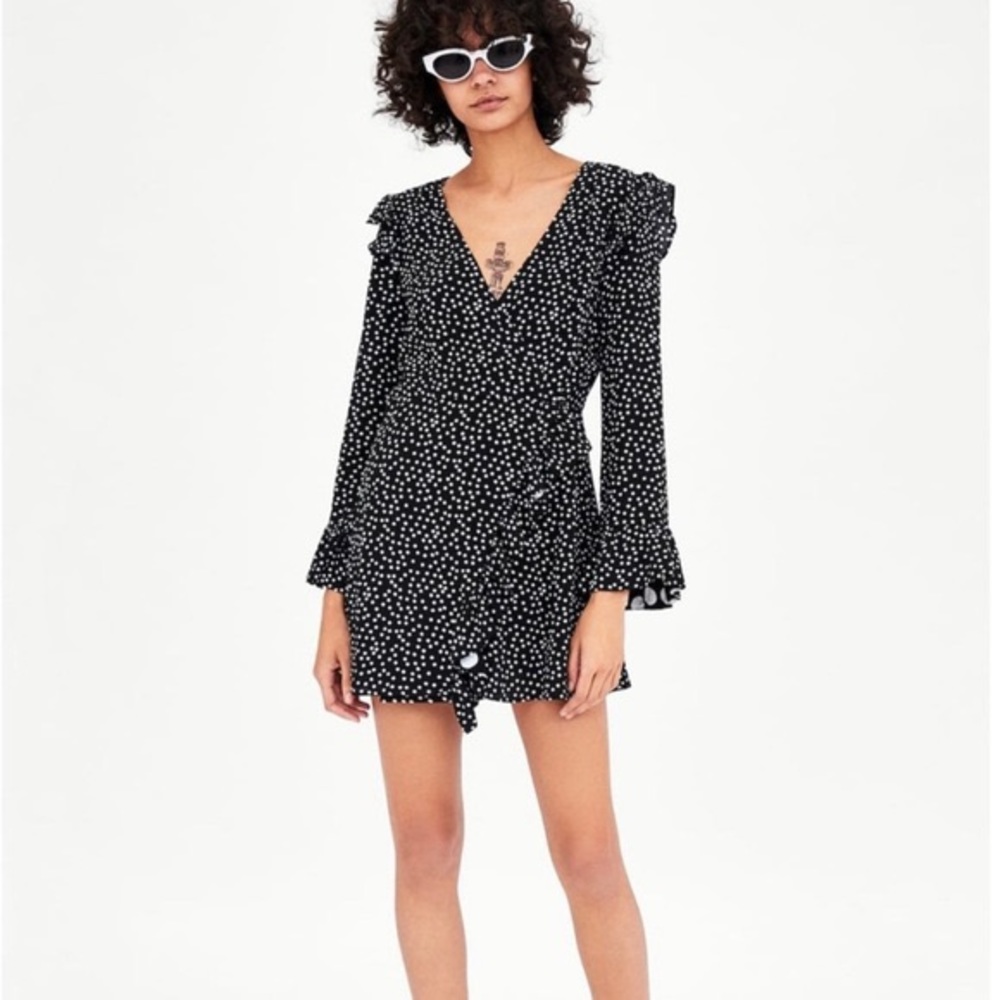 Zara Black White Polka Dot Ruffle Romper Dress